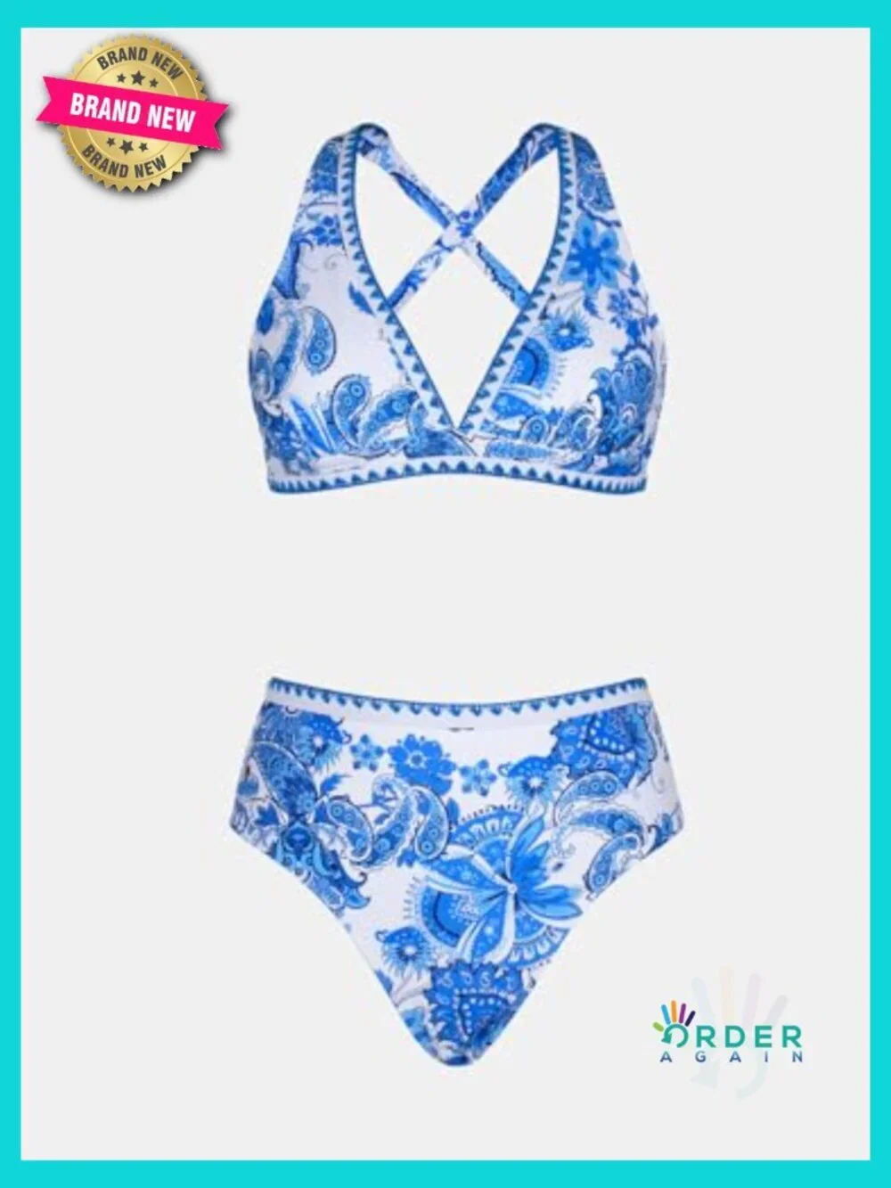 V Neck Crisscross Back High Waisted Bikini Set Removable Cups UPF 50+